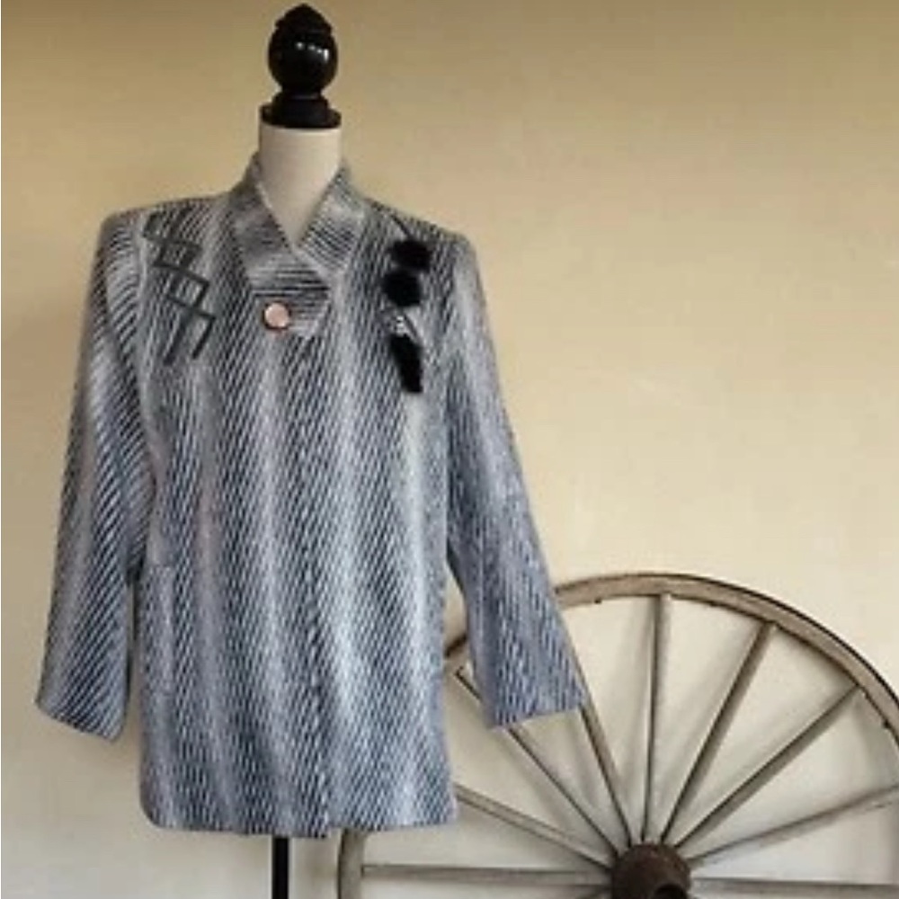 SUN TAT LEE Vtg 1980s Asian Lt & Dk Gray Wool Coat Mink Leather Beads Sz 13 Rare